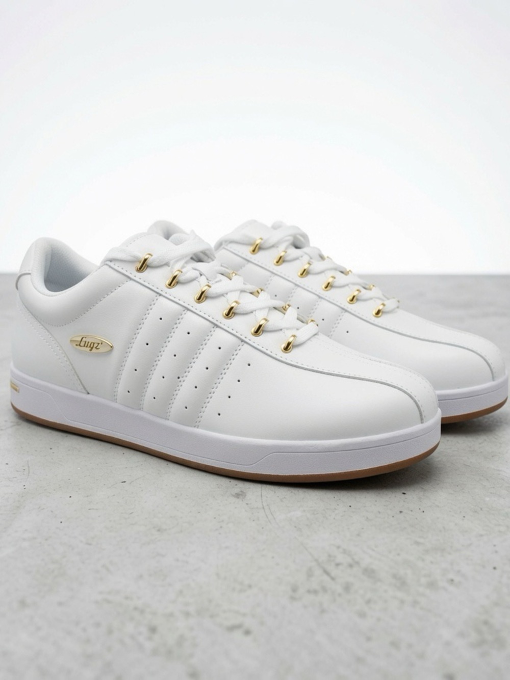 Lugz White Leather Athletic Sneakers with Gold Accents